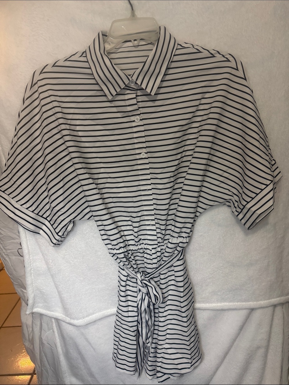 Black and White Striped Tie-Waist Button-Down Shirt